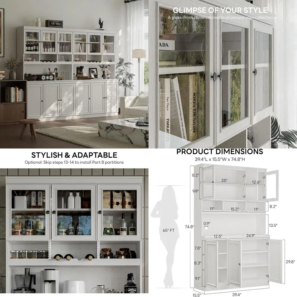 

Белый высокий кухонный шкаф-буфет со стеклянной дверцей, 4 регулируемыми полками, винной полкой и подставкой для микроволновой печи для дома и гостиной