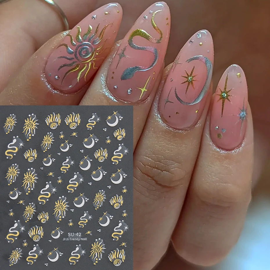 Stelle Luna Serpente 3D Nail Art Adesivi Lucido Sole Serpenti Oro Argento Doppio Colore Design Mezzaluna Serpente Unghie Decorazione LESU-42