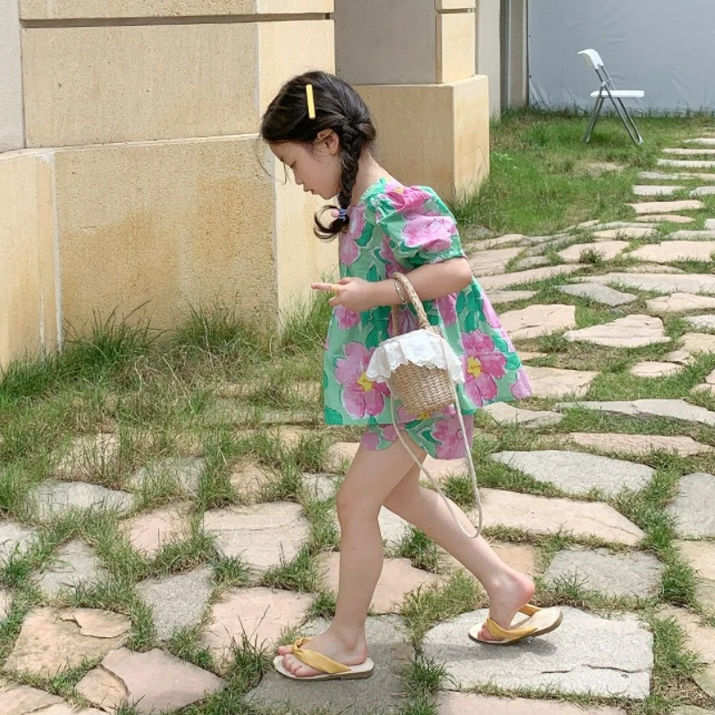 Girls Korean Sweet Set 2025 Summer Puff Sleeve Top + Bag Floral Shorts 2 Piece Playtime Outfit for Toddler Kids