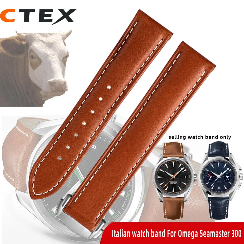 Italian cowhide Strap 19mm 20mm 21mm For Omega Seamaster 300 150 Speedmaster 007 AT150 Brown Watchband Bracelet Deployant Clasp