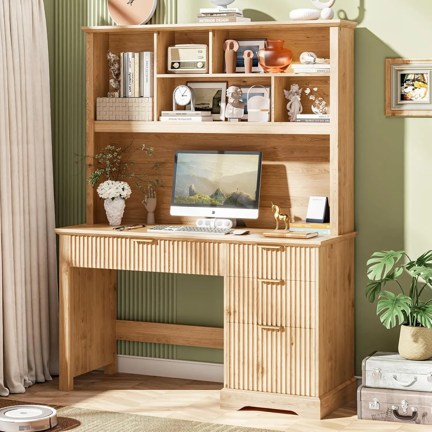 #Fluted Executive Desk with Drawers Wood Computer Desk File Drawer Home Office Hutch Study Bedroom Living Room Oak, Customized