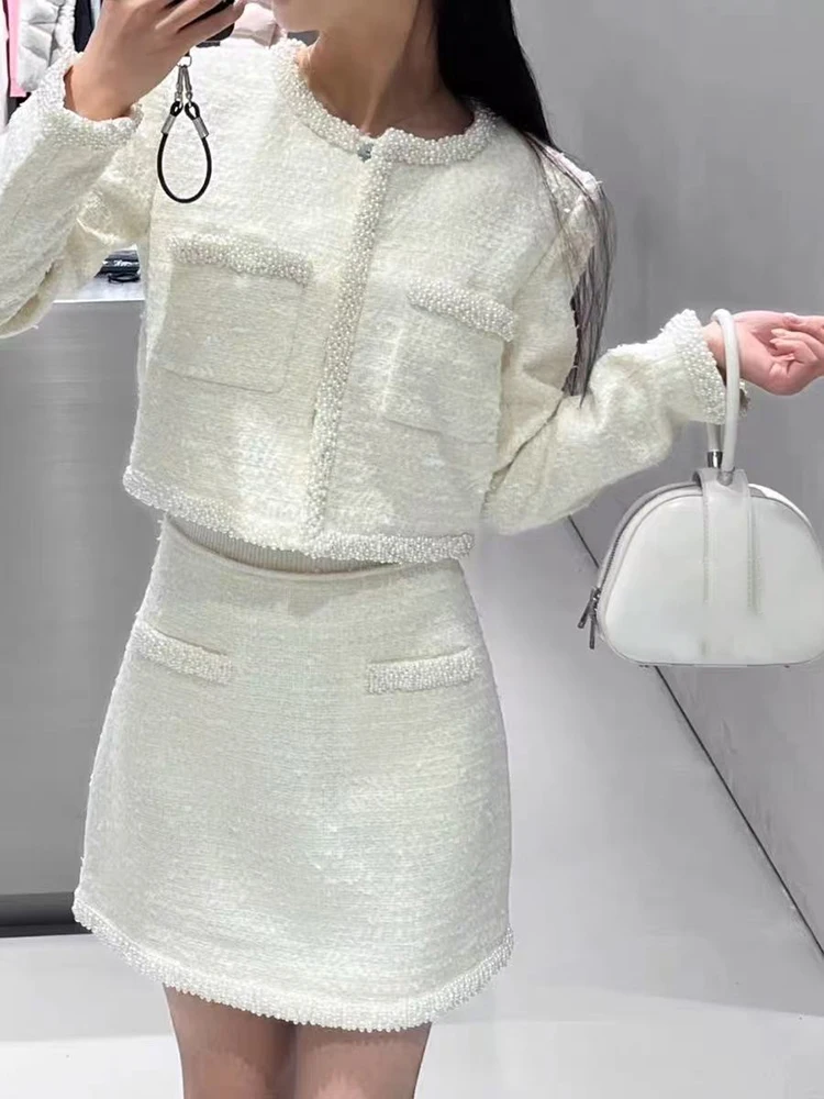 

2025 Spring New Fashion Tweed Set Women Temperament Beadings Sequins Jacket Coat or High Waist Skirt Ladies Suit