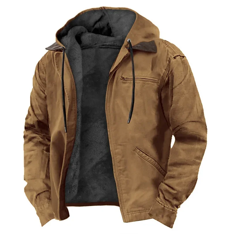 

Winter New Men Casual Jackets Hooded Zipper Pocket Fashion Solid Color Fleece Warm Outerwear Male Outdoor Hooded Hoodie Coats