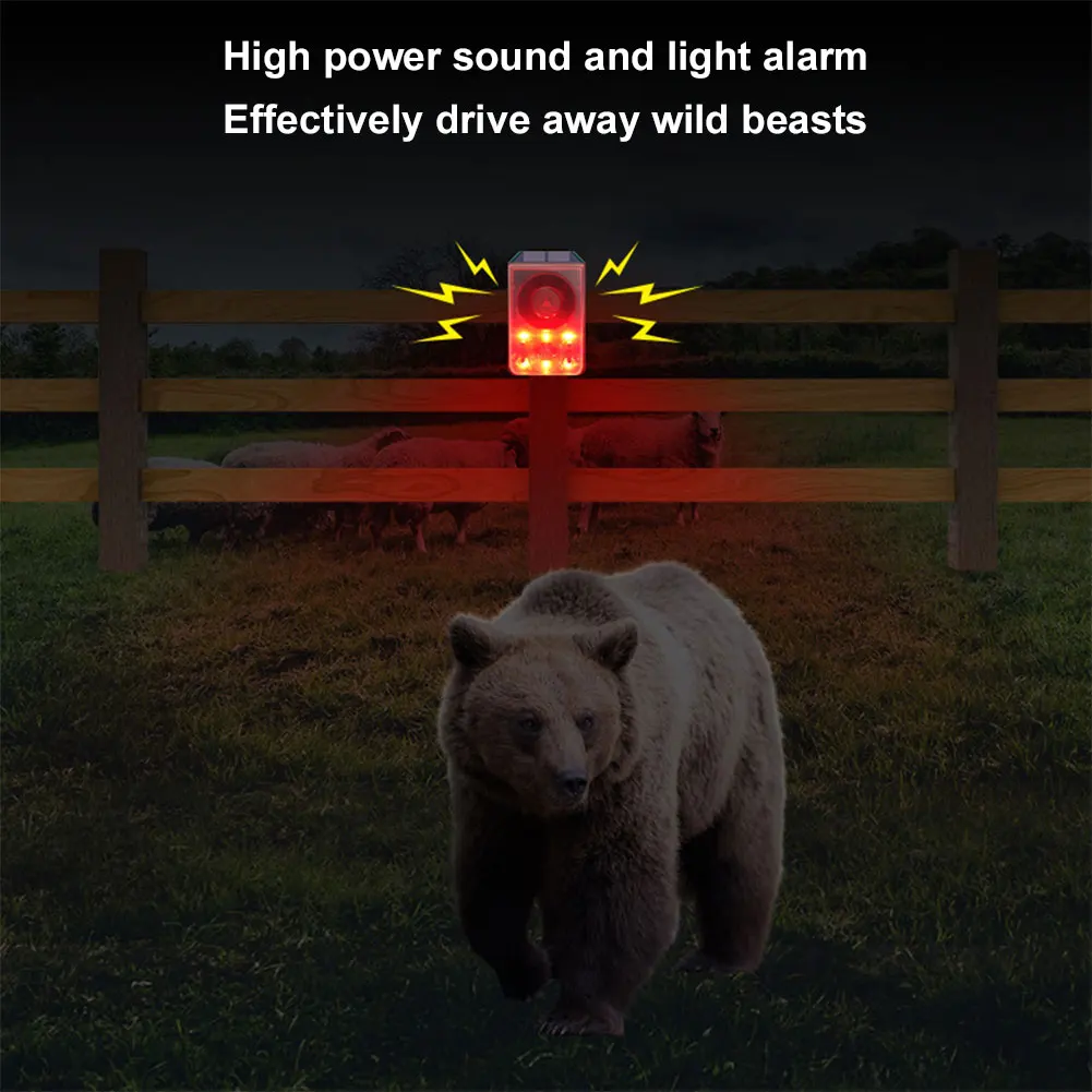 

Outdoor Solar Motion Sensor Alarm Animal Repeller with Dog Barking Gunshot Sound Solar Infrared Induction Alarm for Home Farm
