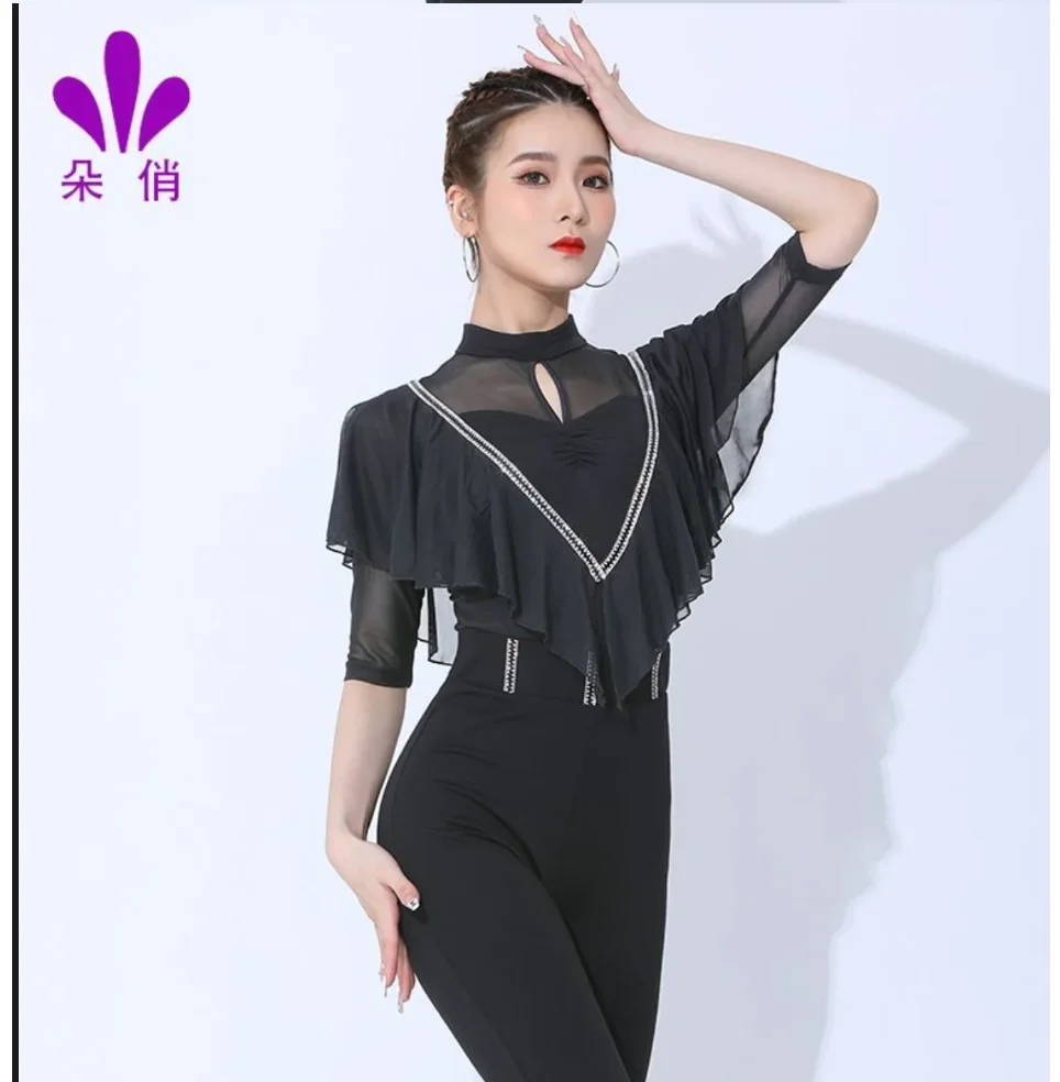 1pcs/lot vintage style woman international ballroom dance leotard lady black rhinestone stand collar top