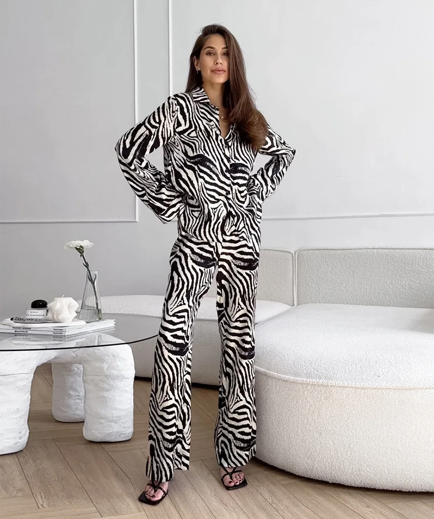 

Street Zebra Printing Trousers Outfit Spring Women Lapel Long Sleeves Shirt+High Waist Loose Wide Leg Pants Autumn Two Piece Set