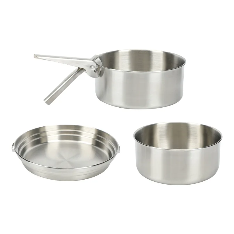 Stainless Steel Outdoor Camping Cookware Set, Picnic Pot, Portable, 4-Piece Combination, Stackable Storage with Bag