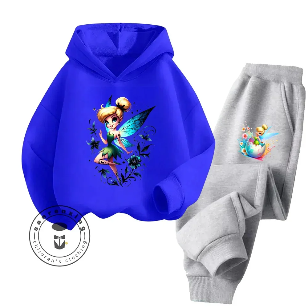 2024 New Disney Cartoon Tinker Bell Kawaii Cute Wear High Quality Breathable Hoodie + Pants Fall Winter Children\'s Tracksuit