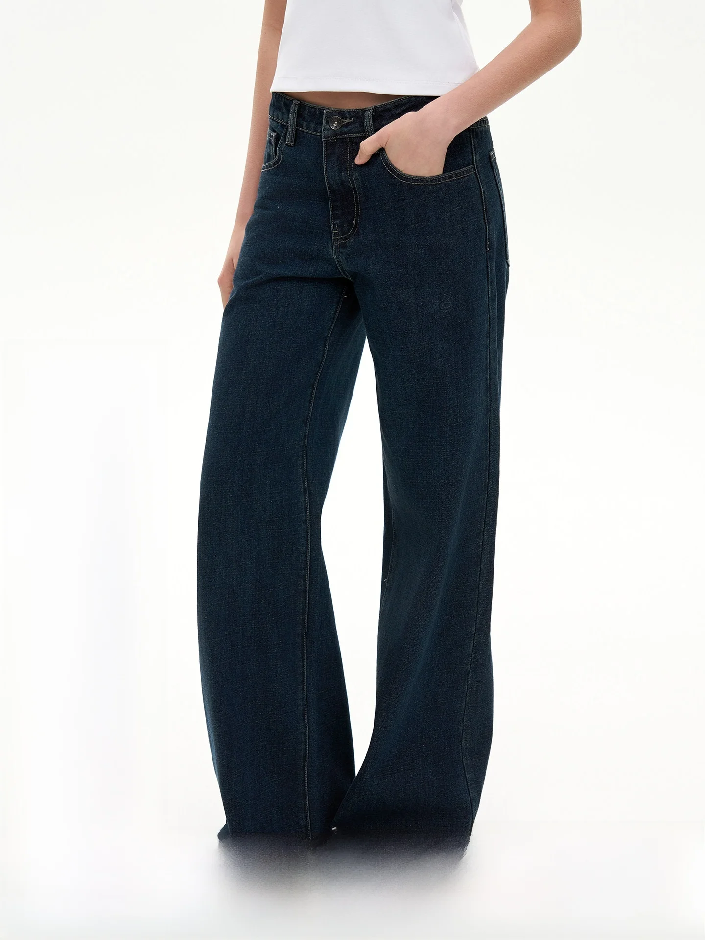 Heyabc American Style Retro Deep Blue mid Low Waist Straight Leg Jeans Loose Slimming Casual Pants for Women Spring Season