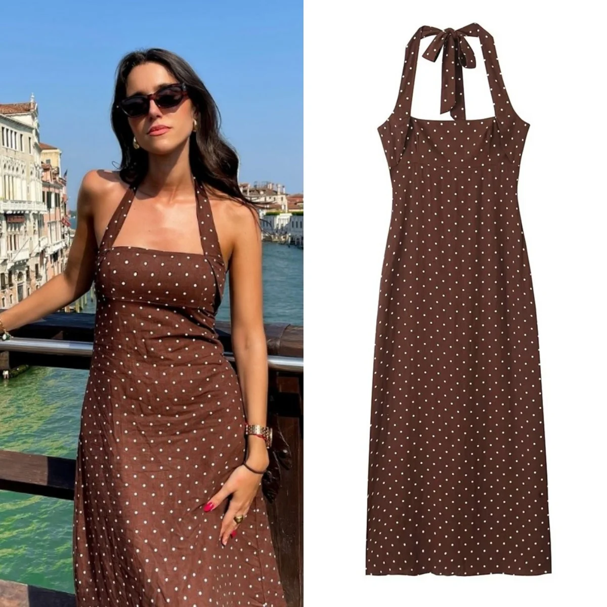 PB&ZA 2024 summer new women\'s fashion elegant temperament backless halter neck polka dot slim long skirt