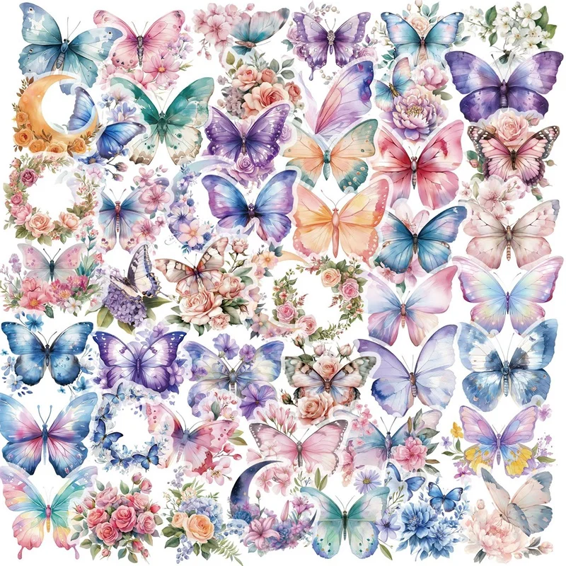 50PCS Kawaii Color Butterfly PET Sticker Aesthetic Decoration Scrapbooking Stationery DIY Hand Accounting Supplies for Kids