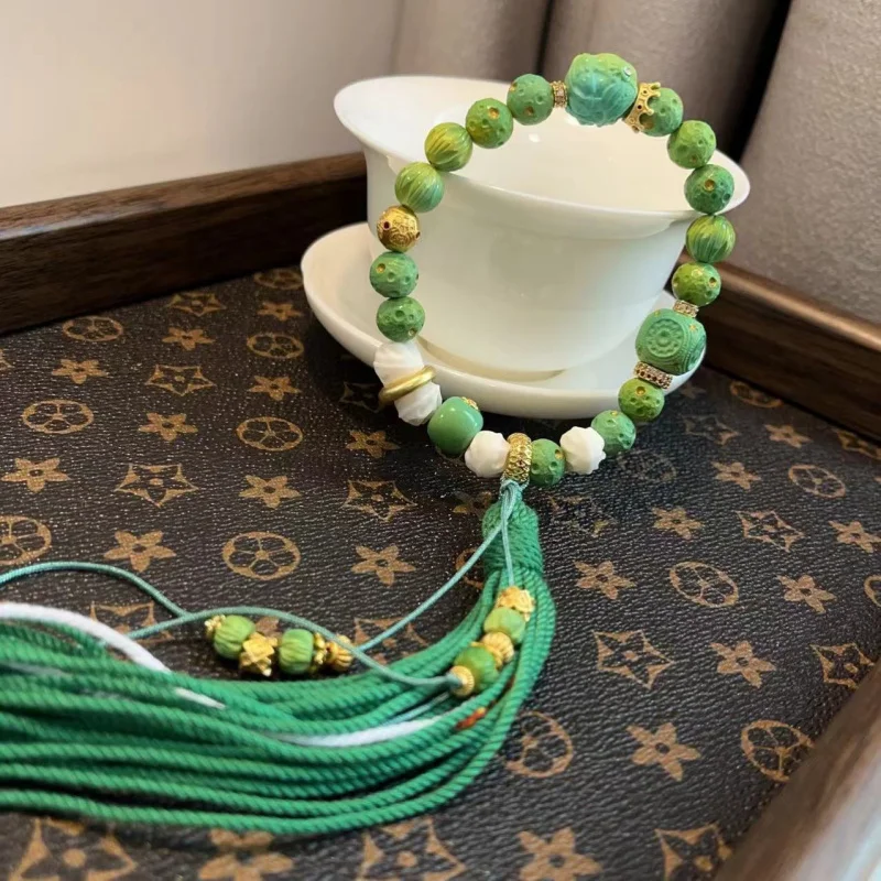 

Green Vegetable Seed Imitation Turquoise Multi-Treasure with Bone Inlay Single Circle Bracelet High-End Hand Jewelry fo
