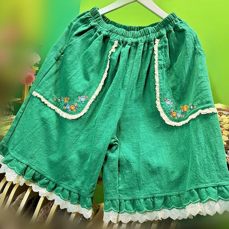 

Women Kawaii Summer Cotton Linen Lace Wide Leg Lolita Sweet Loose Shorts Vintage Retro Shabby Chic Mori Girl Cottage Core Pants