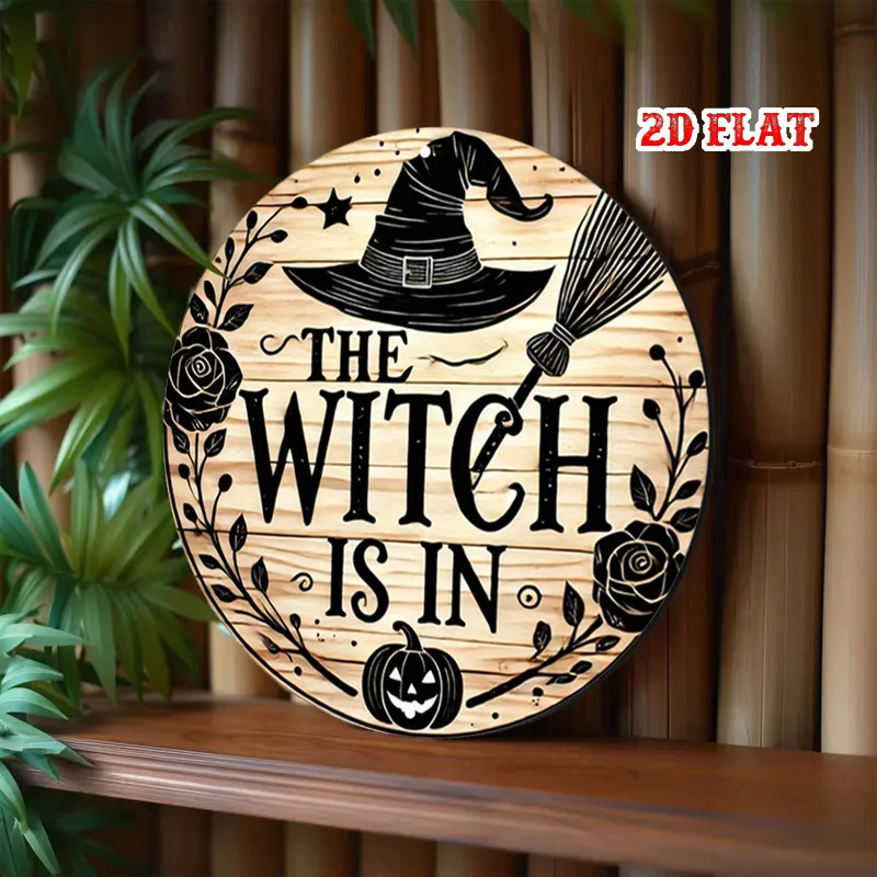 This Is A Round Aluminum Halloween Ornament, Measuring 7.87X7.87 Inches, Featuring A 2 Graphic Design Depicting A Witch
