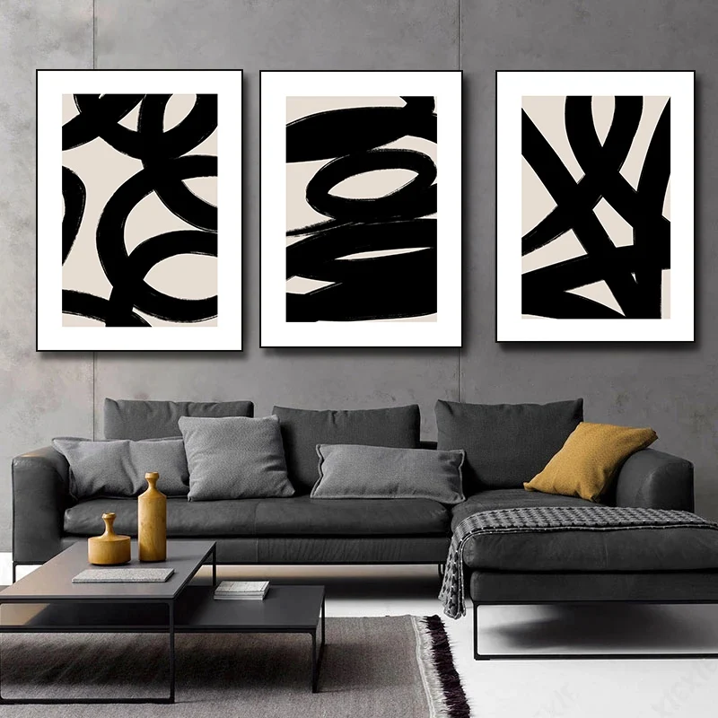Geometric Abstract Art, Black Neutral Beige Brush Strokes Poster Canvas Painting Print Wall Art for Living Room Home Decor Gift