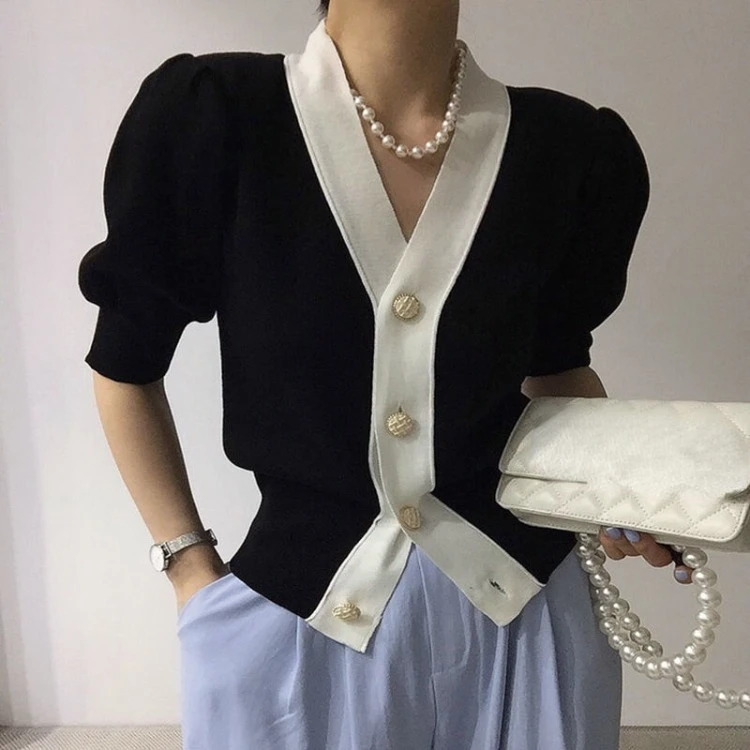 Elegant V-neck Black White Cardigan 2024 Summer New Single Breasted Tops Women Y2k Short Sleeve All-match Knitted Sweaters