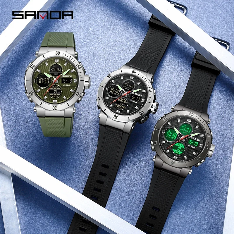 SANDA ساعة رياضية للرجال موضة فاخرة مقاومة للماء متعددة الوظائف كوارتز ساعات المعصم العسكرية الرقمية تاريخ الأسبوع ساعة مضيئة