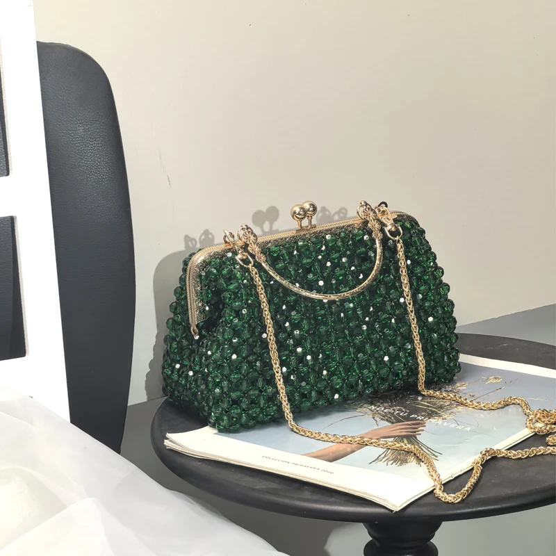 Emerald Green Handmade Beaded Clutch Bag | Vintage Gold Frame Evening Purse with Chain Strap for Party/Wedding/Cocktail