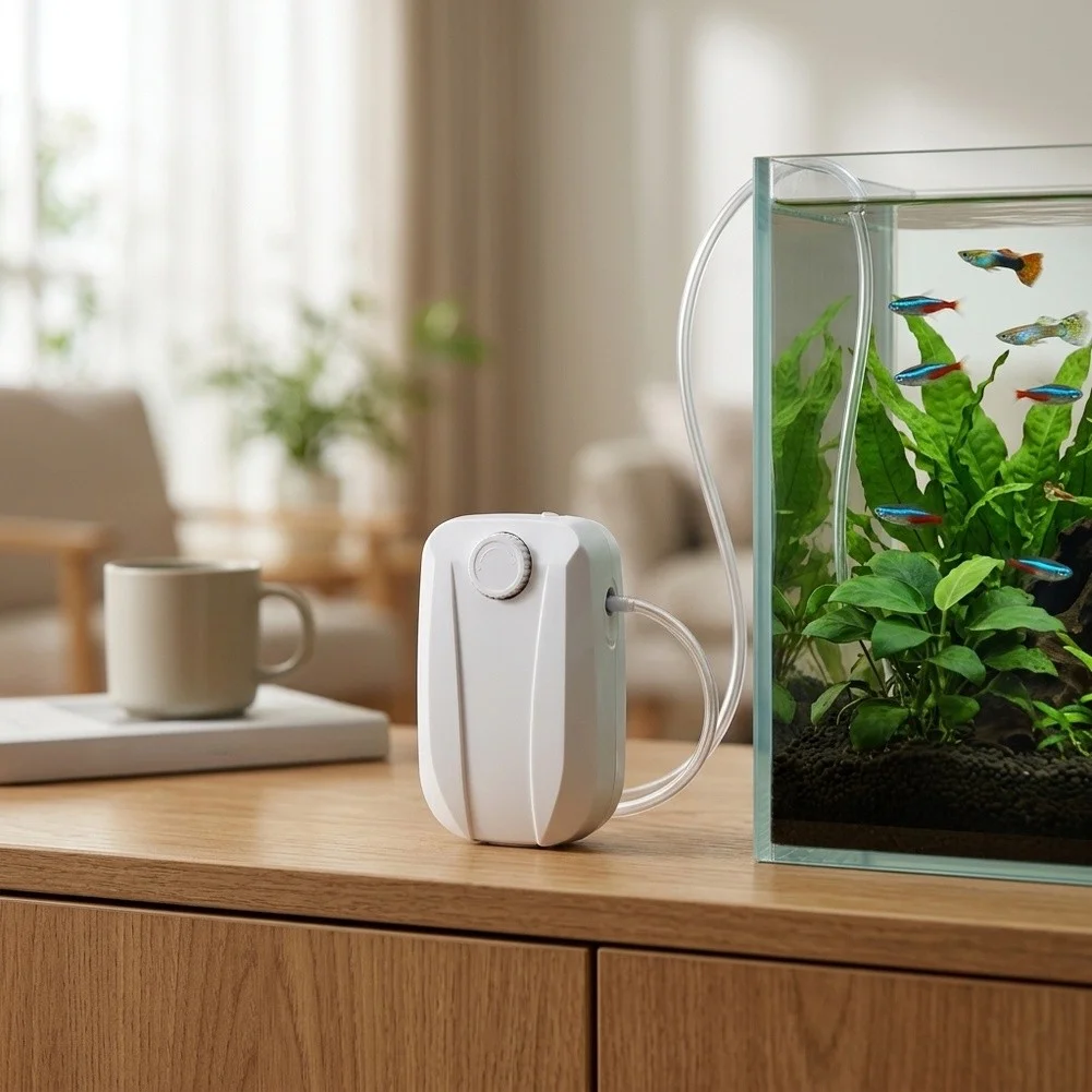 Silent 8W Aquarium Air Pump 220V Dual Outlet Compatible with 70L to 700L Tanks 2-4L/MIN Airflow 15x10x10cm Size