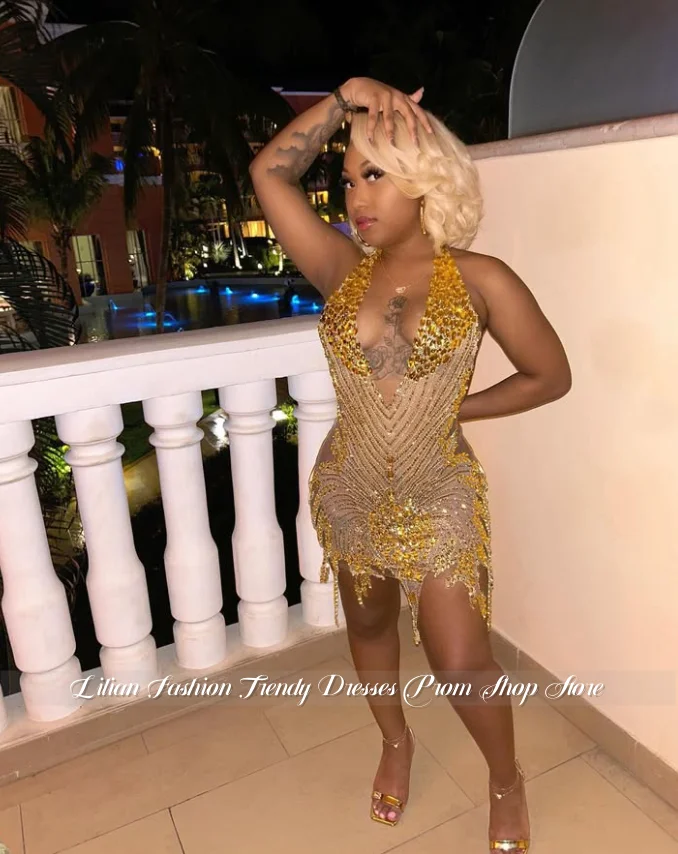 

Custom Golden Glamorous Sexy Cocktail Dress Luxury Crystal Appliqué Mini Skirt Prom Dress Homecoming Prom Dress Birthday Dress