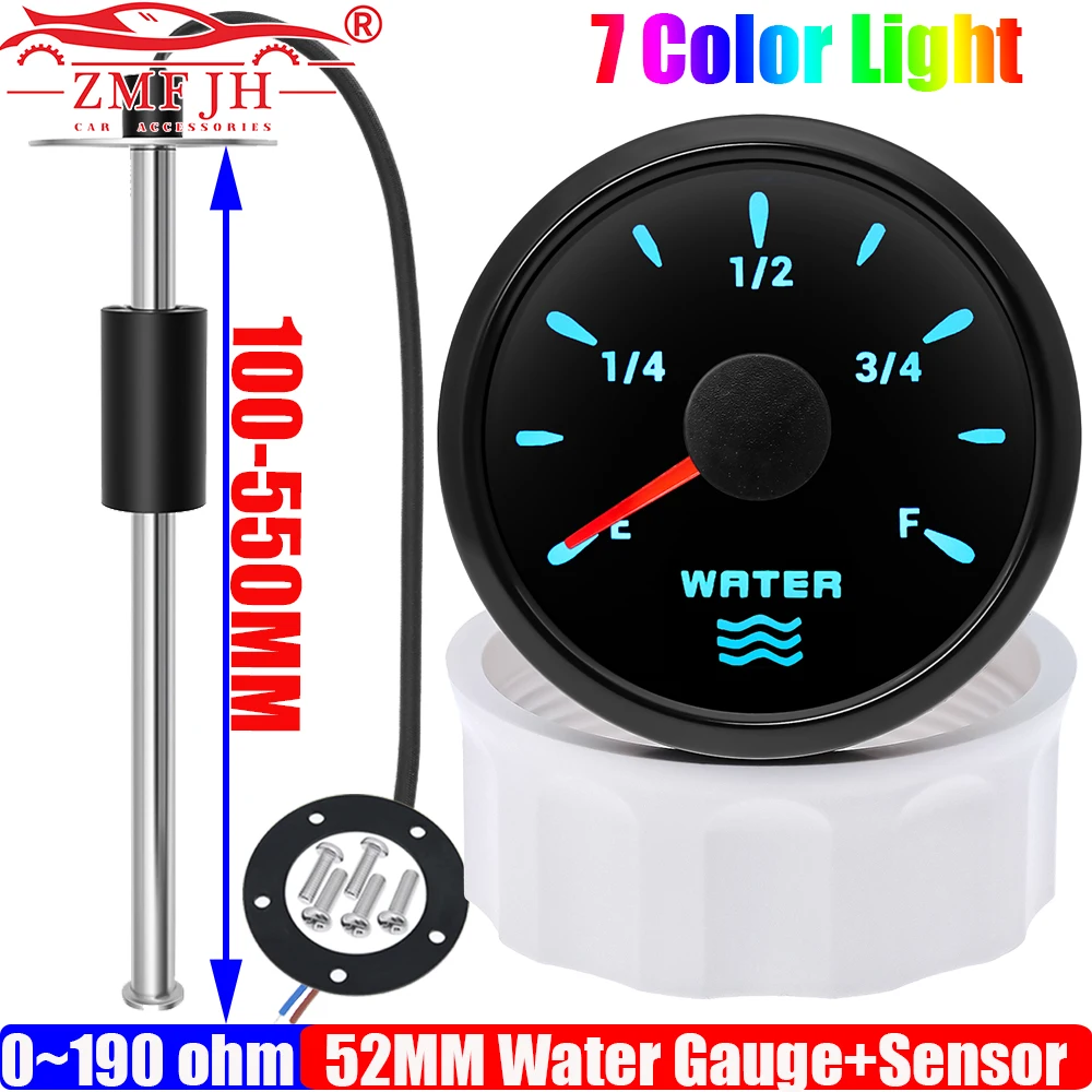 

ZMFJH 7 Color LED Pointer 52MM Water Level Gauge+Water Level Sensor 100-550MM for Auto Boat Yacht 0-190ohm Water Tank Meter