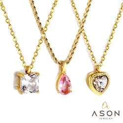 ASONSTEEL Stainless Steel Charm Cubic Zircon Pendant Necklace Gold Color For Women Square Waterdrop Heart Jewelry 2024 Trending