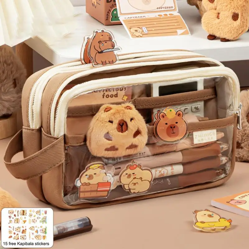 Clear Pencil Case With Cute Capybara Plush And Pins Aesthetic Pencil Pouch Cute Office Large Capacity Multi-layers Pen Case