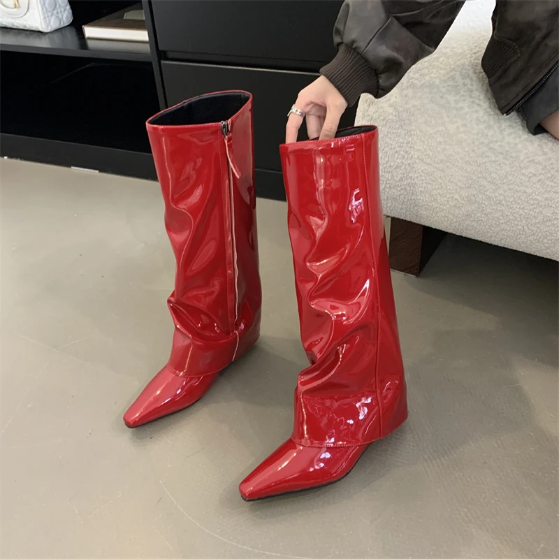 2024 Solid Color Sexy Pointed Toe Women Boots Side Zipper Patent leather Women Boots Platform Fashion Cool Botas Largas De Mujer