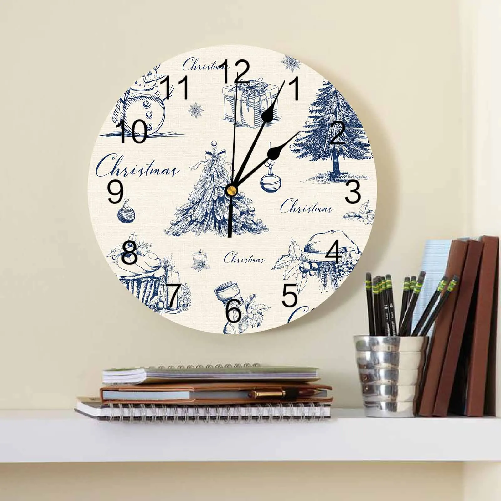 Water Pen Style Snowman Christmas Tree Wall Clock Large Modern Kitchen Dinning Round Wall Clocks Bedroom Silent Hanging Watch