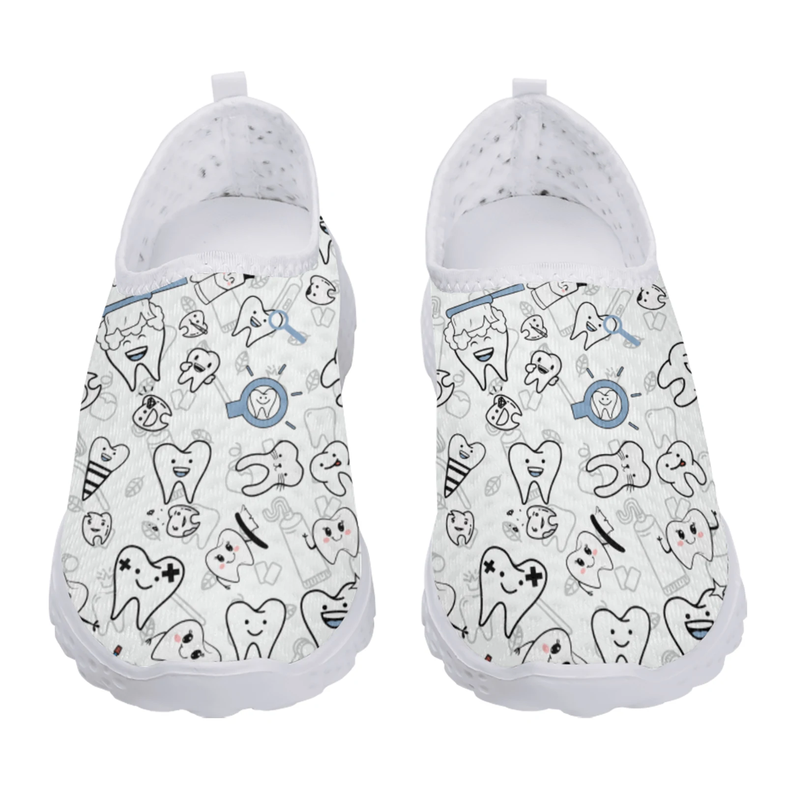 Ladies White Cartoon Teeth Print Summer Breathable Mesh Shoes Casual Comfortable Loafers Medical Zapatos Planos