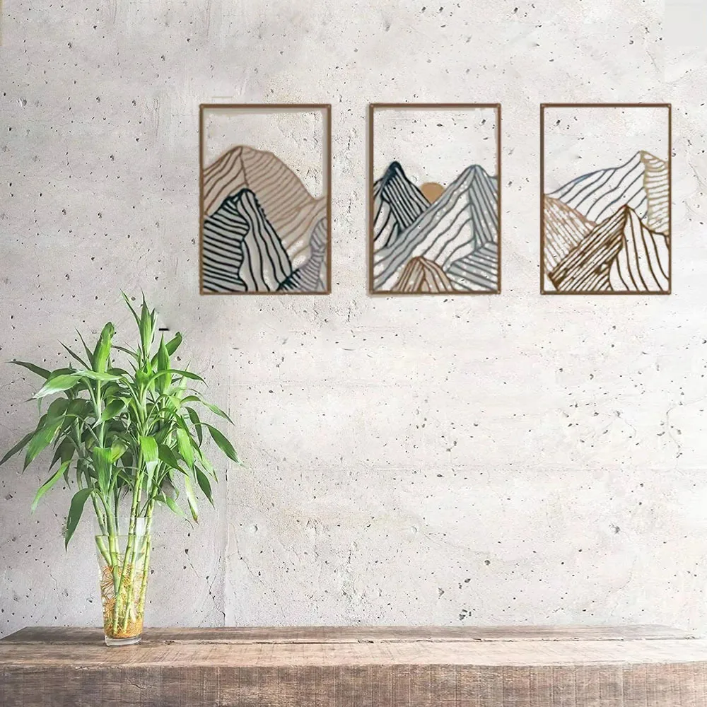 3pcs/aet Minimalist Mountain Landscape Metal Wall Art: Square Hollow-Out Panels, Bewitching Modern Home Decor for Living Room