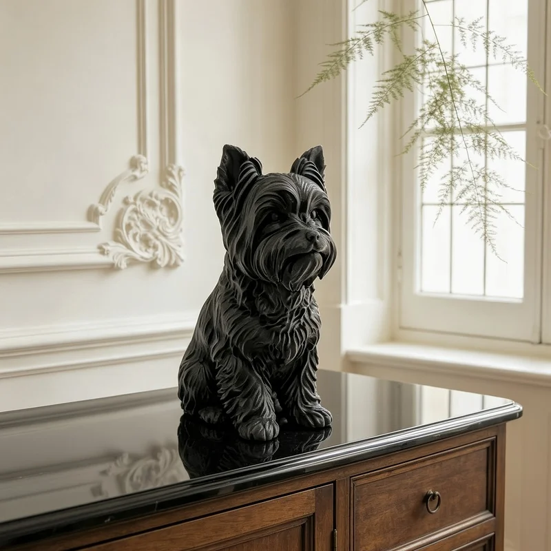 3D‑Printed Matte Black Yorkshire Terrier Statue, Fine‑Textured Sculpture, Luxury Decor for Coffee Table, Entrance, Desktop & Boo