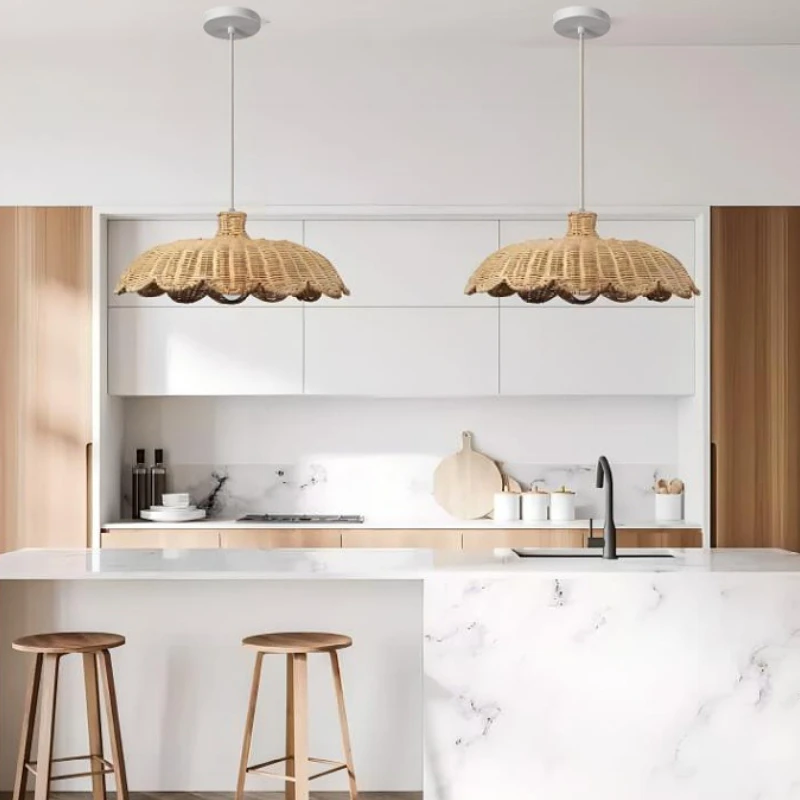 Handmade Weave Natural Rattan LED Pendant Lamp Bedroom Kitchen Zen Cafe Restaurant Home Decor Hand Knitting Retro Hanging Lights