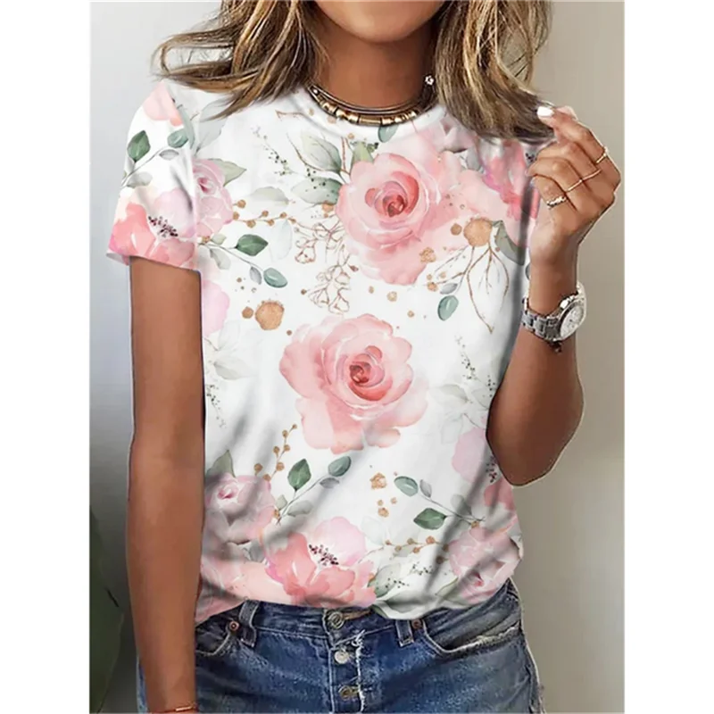 Fashion 3D Women\'s Flower T-shirt Fun Flower Pattern Short sleeved Girl T-shirt Summer Leisure O-neck T-shirt Women\'s Clothing