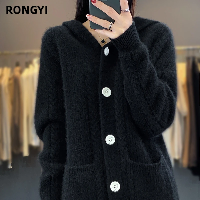 RONGYI 100% Wool Sweater Women\'s Autumn And Winter Long-sleeved Hooded Solid With A Pocket Loose Thick Bottoming Warm Shirt Top