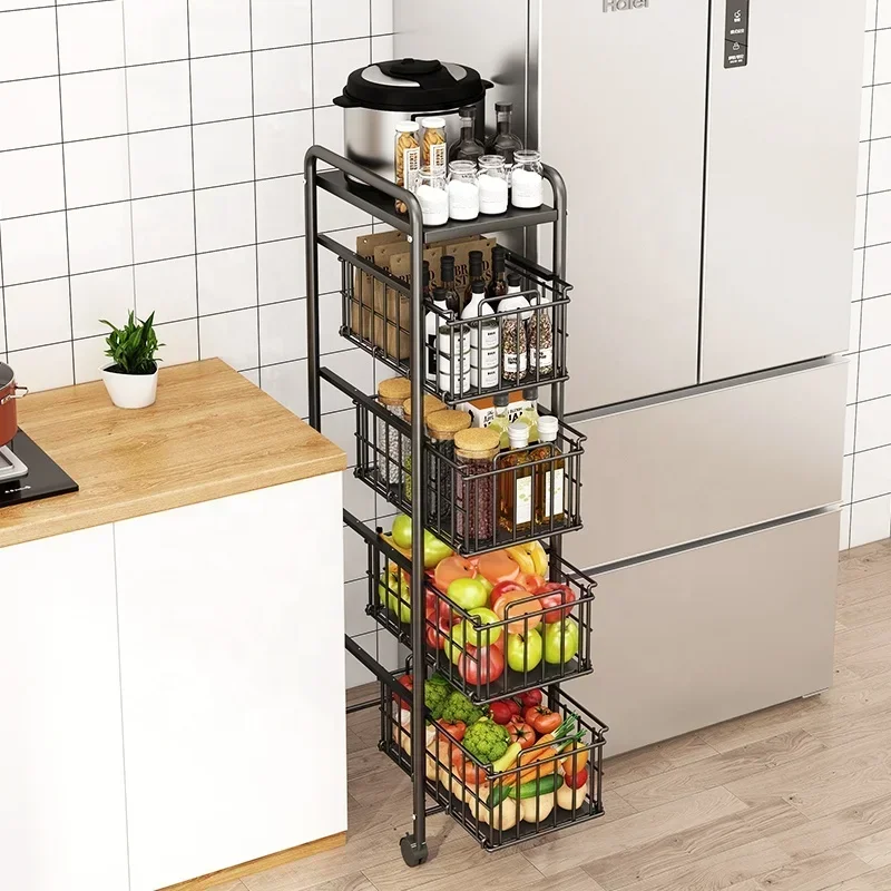 Kitchen Metal 4 Layers Storage Baskets Holder Rack Wheels Fruit Vegetable Organizers Shelf Kitchen Foldable Trolley Cart