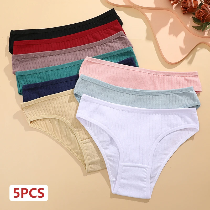 5Pcs Baumwolle Gestreiften Höschen frauen Sexy Einfarbig Unterwäsche Niedrige Taille Grundlegende Stil Briefs Weibliche Atmungsaktive Sport Unterhose