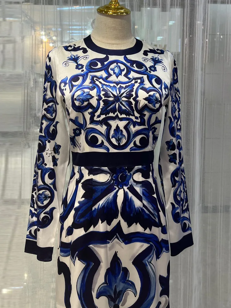 Luxury Designer Inspired High Quality Women Long Sleeve 100% Silk Blue And White Porcelain Print Midi Dress