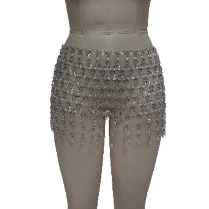 

Transparent Acrylic Beaded Mini Skirt Night Club Bling Crystal Tassel Hollow Out Slim Shirt Adnce Show Belly Chain Body Jewelry