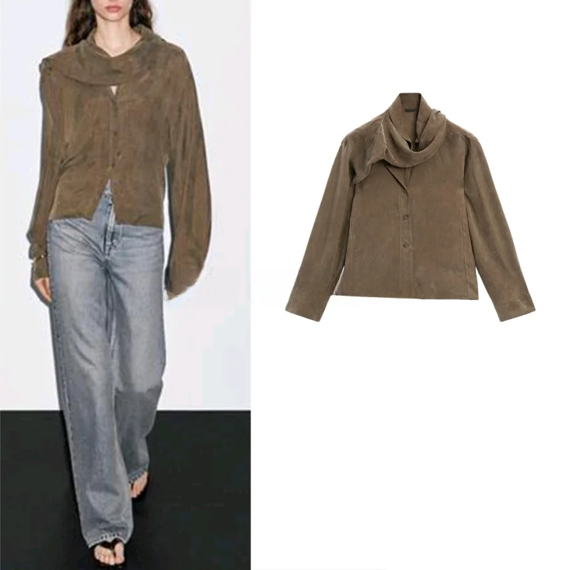 

Autumn New Women's irt Scarf Collar Long Sve Dra Design Casual Sle Cotton Polyester Blend Breathable Comfortable Fit