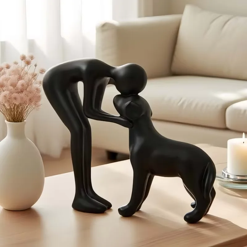 Abstrakte Mensch-Hund-Harzstatue, Minimalistische Skulptur von Mann, der Hund umarmt, für Wohnzimmer-Tischdekoration, Geschenk für Hundeliebhaber