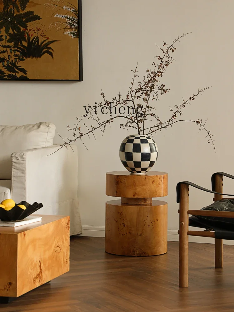 W5.14 Gold-Edged Round Bedside Table Home Decor Base Poplar Wood Grain Decorative Ornament