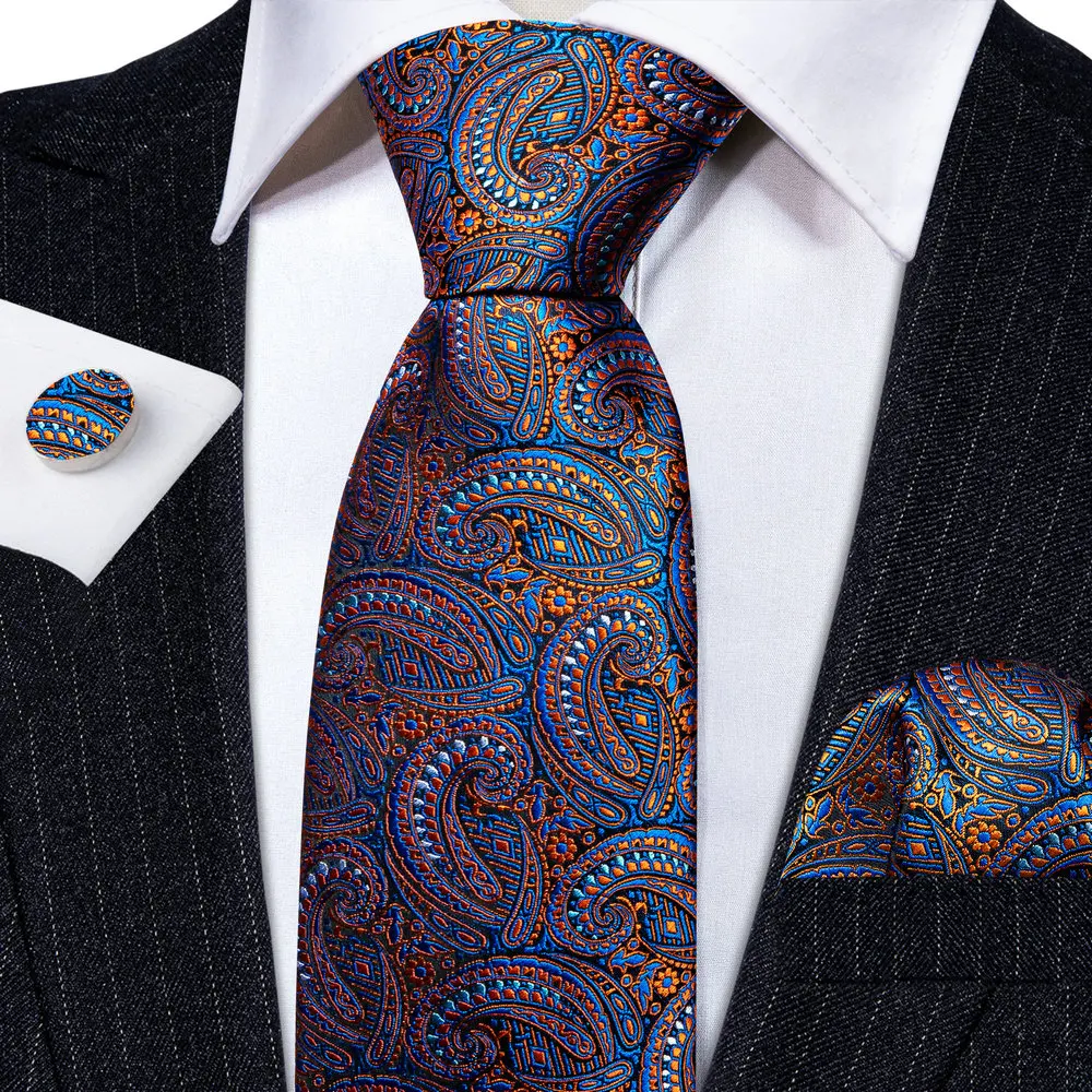 Fashion Blue Paisley Men Silk Necktie Brooches Men Tie Handkerchief Cufflinks Sets Men Gift Barry.Wang Designer