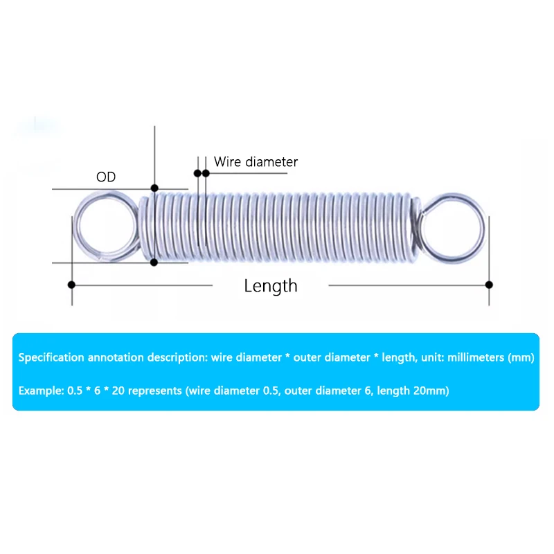 Mola de tensão Hardware, aço inoxidável 304, gancho duplo, personalização de suporte, OD 4 ~ 8mm, comprimento 15-120mm, 0,6mm, 5-10pcs por lote