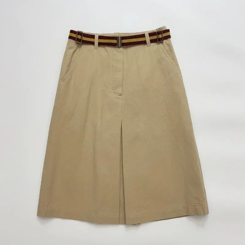 Summer Cotton Khaki Twill Belted Half Skirt for Women