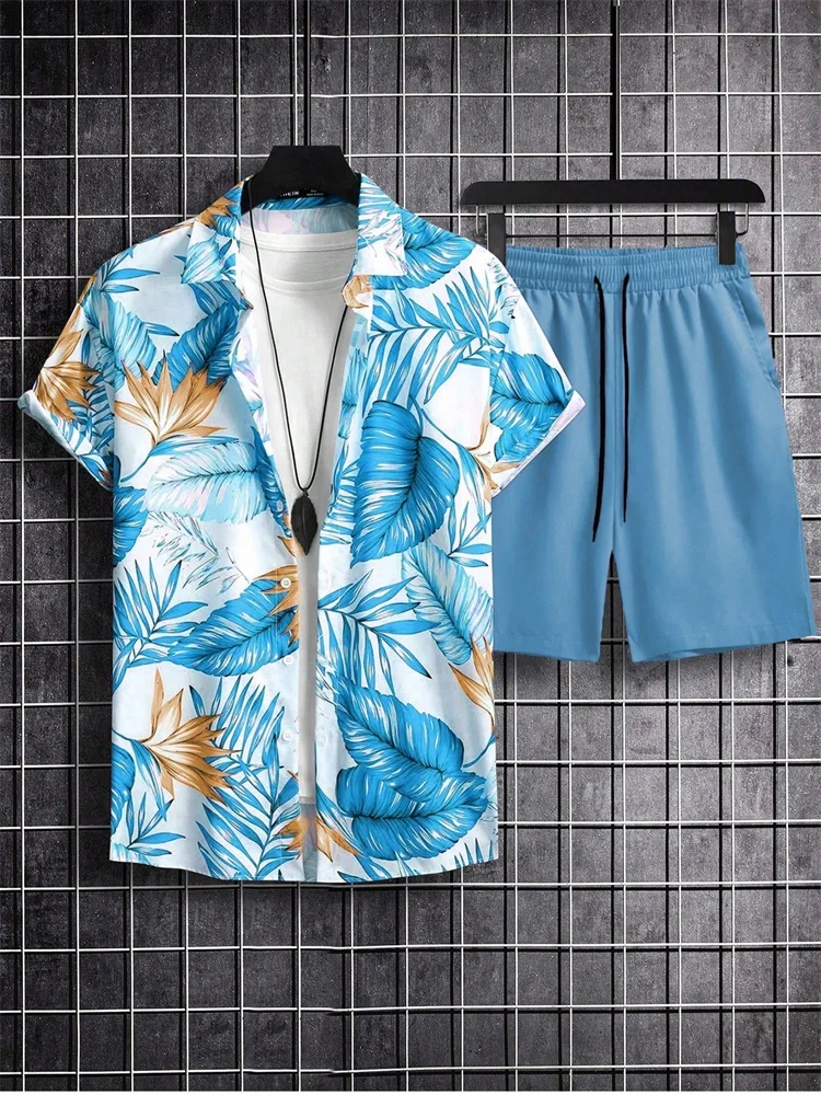 

Men's Short-sleeved Shirt Set Blue Tropical Plant Printed Solid-color Shorts Casual Fashionable And Daily