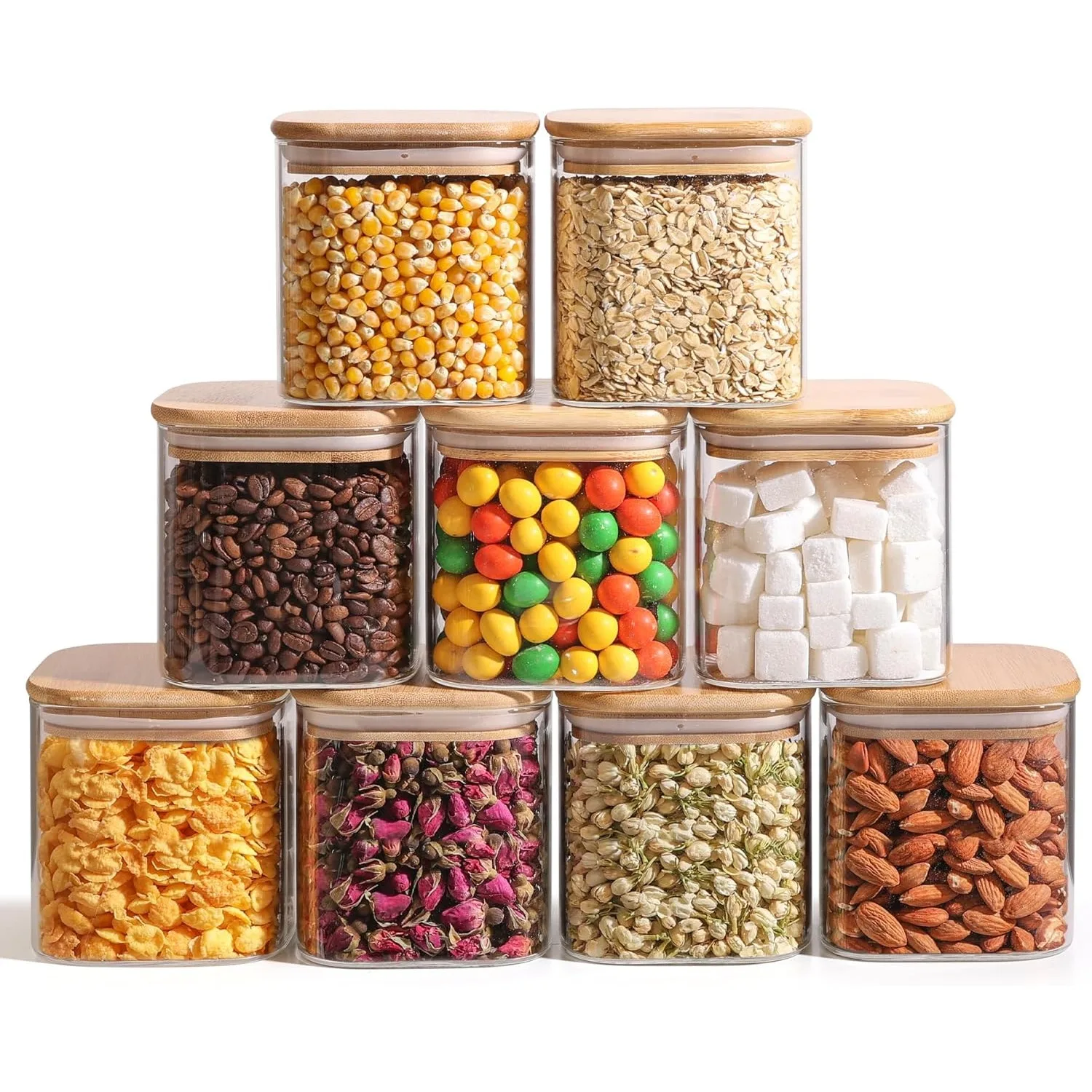 

24oz Glass Food Storage Jars Set of 9, Clear Glass Storage Containers with Lids, Pantry Organization Jar, Spice, Blooming Tea,