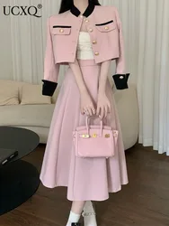 UCXQ High Quality Small Fragrance Two Piece Set Women Short Jacket Coat + Long Skirt Suits Korean Elegant Fashion OL 2 Piece Set