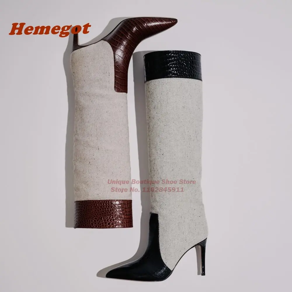 

Patchwork Stiletto Heels Knee High Boots Pointed Toe Stone Pattern Women's Boots 2024 Newest Winter Casual Shoes Warm Slip On