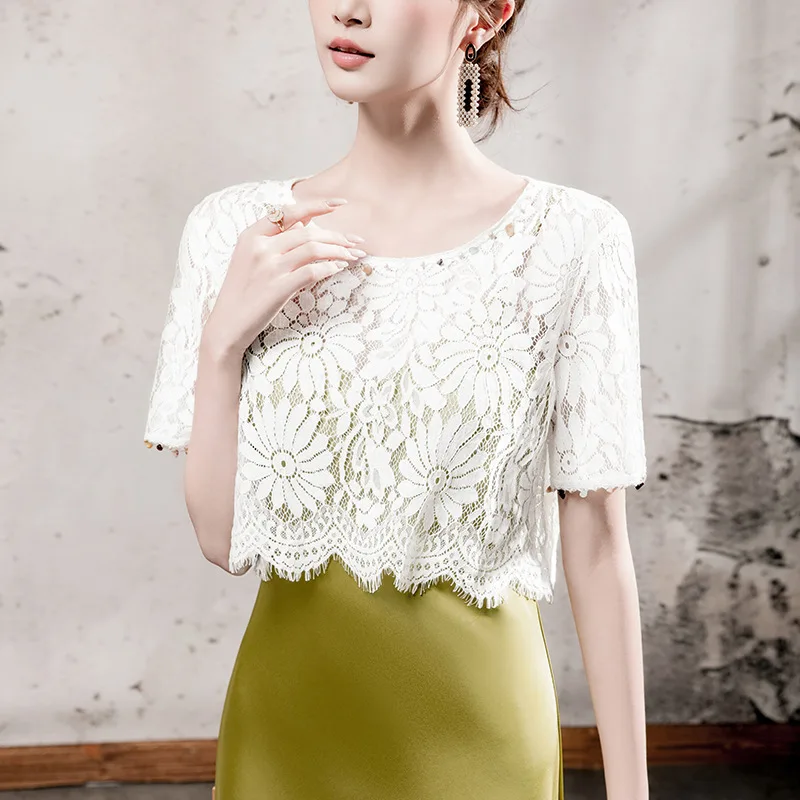 MadBlack-Women European T-Shirt, Sexy O Neck Lace Hollow Out, Streetwear Short Sleeve Loose Smock Tee, 2025 Summer New T56282CC